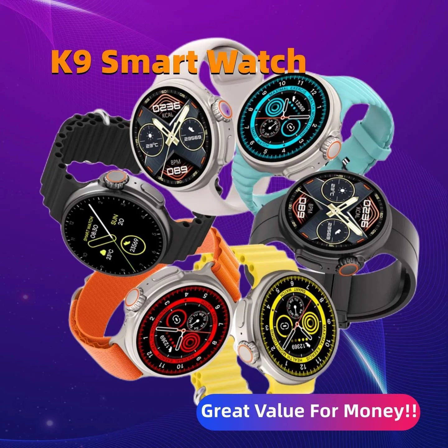 Black K9 smart watch with round screen and silicone strap on wrist