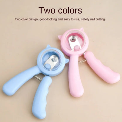Blue pet nail clipper with stainless steel sickle blade and safety guard for trimming dog or cat claws.