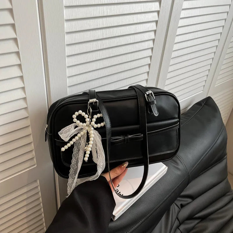 PU single shoulder bag with mobile phone compartment in horizontal square shape with optional pearl bow ornaments