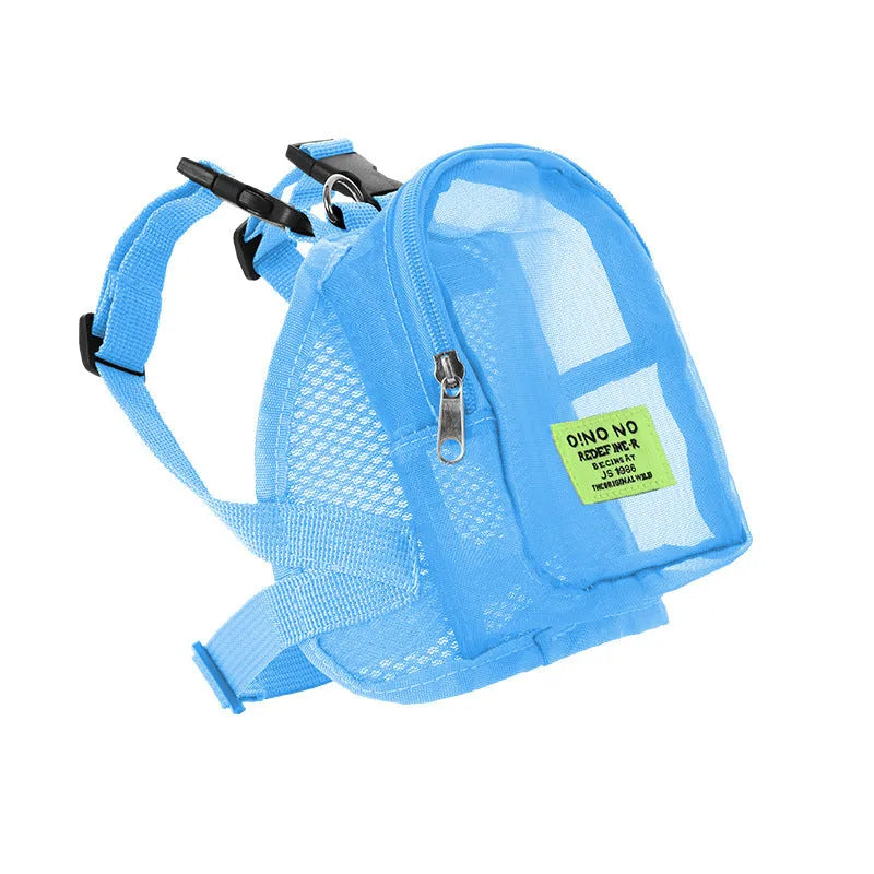 Solid colour dog backpack with breathable mesh panels for pet ventilation.