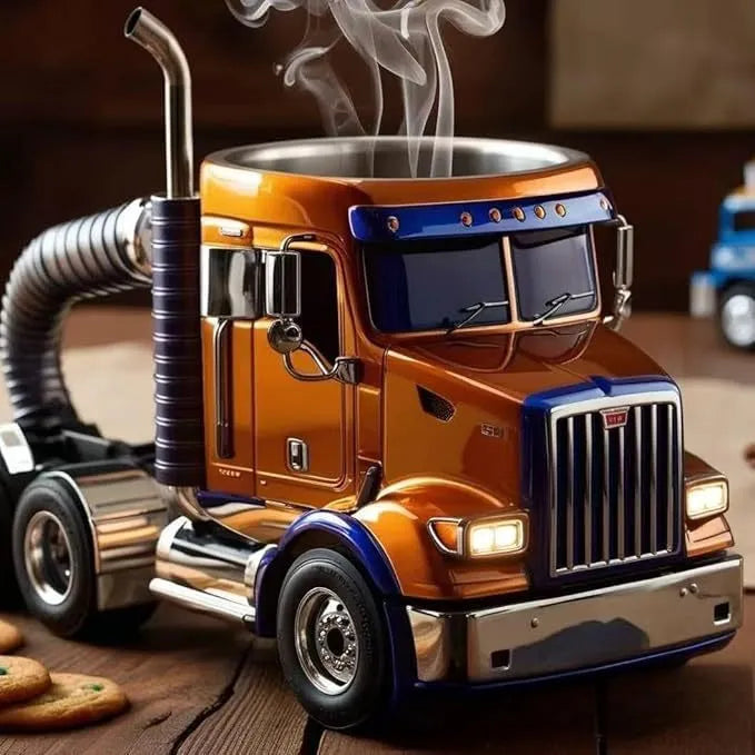 Resin semi-truck shaped coffee mug in orange colour with 11-ounce capacity
