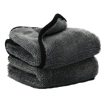 Grey square microfiber car wash towel for drying vehicles, 40cm by 40cm.