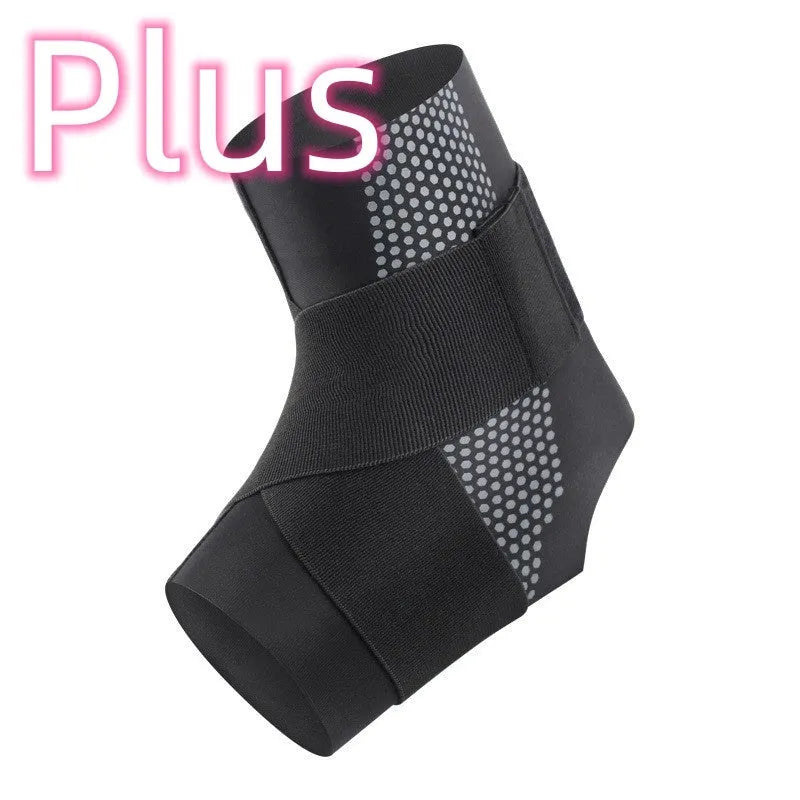 Black Lycra ankle support brace worn on an adult ankle.