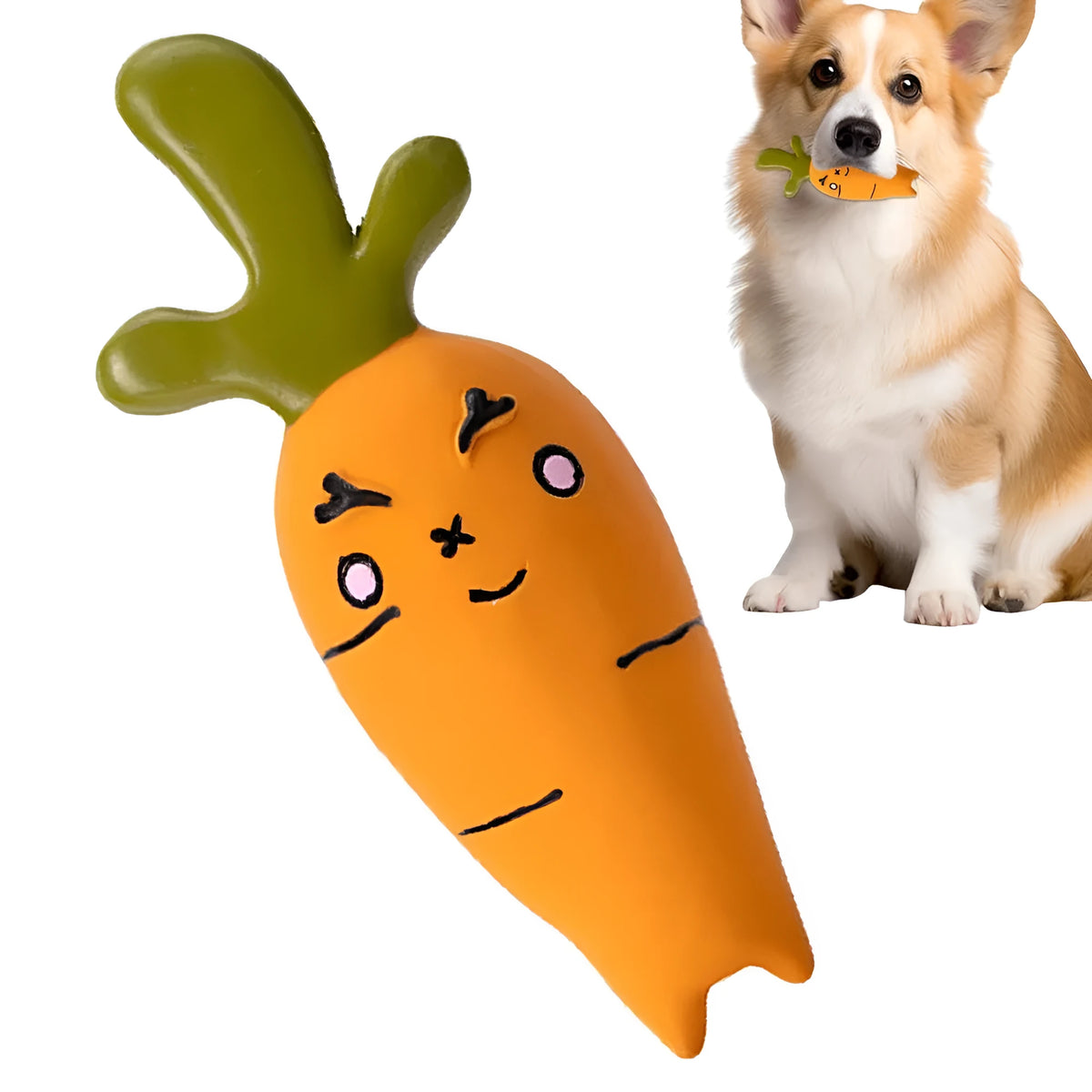 Cartoon onion and eggplant latex dog chew toy in green, orange, or purple colour options.