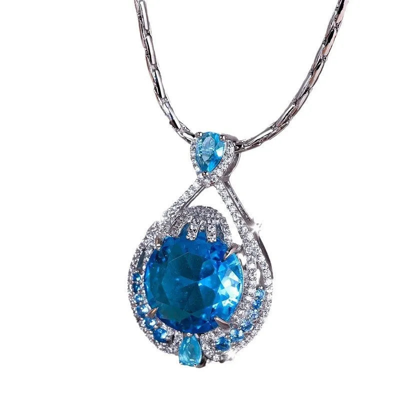 Blue geometric fireworks cut crystal pendant necklace on water wave chain