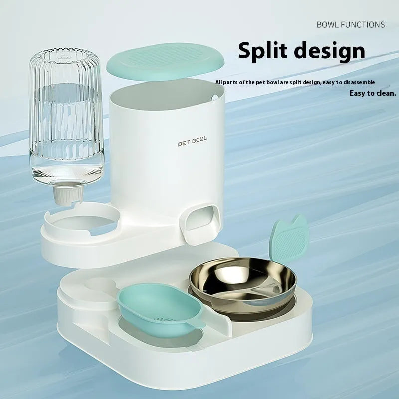 Cat feeding bowl automatic pet water fountain integrated dual stainless steel bowl for cats with food and water compartments, measuring 27x27x24cm and available in sky blue, grey, cream yellow or avocado green colour options.