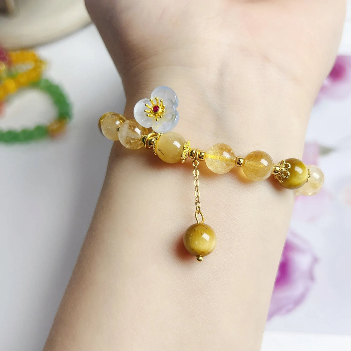 Citrine crystal bracelet with floral tassel design for women, handcrafted beadwork