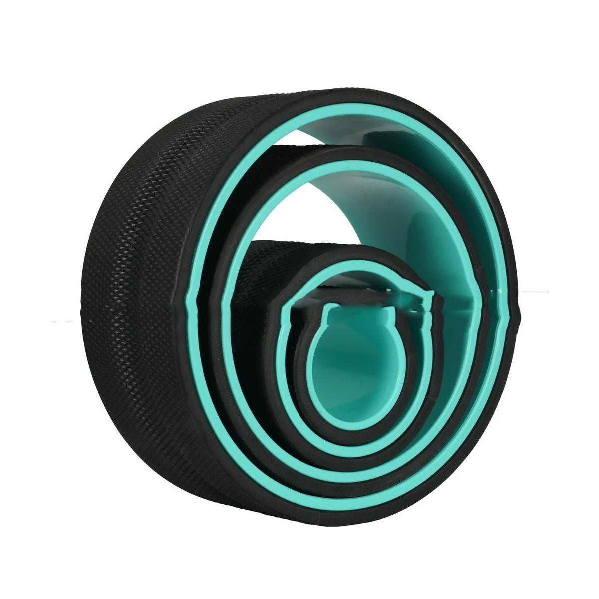 Yoga wheel set in black, available as four-piece or three-piece yoga aid with skin green tube colour option