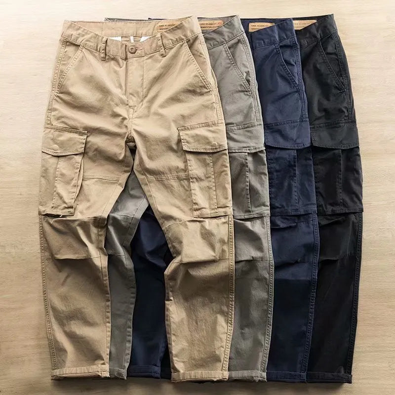 Men's labour protection work trousers with multiple utility pockets, solid colour cotton blend construction in cropped length design suitable for casual and work scenarios, available in khaki, grey, black, and blue colour options