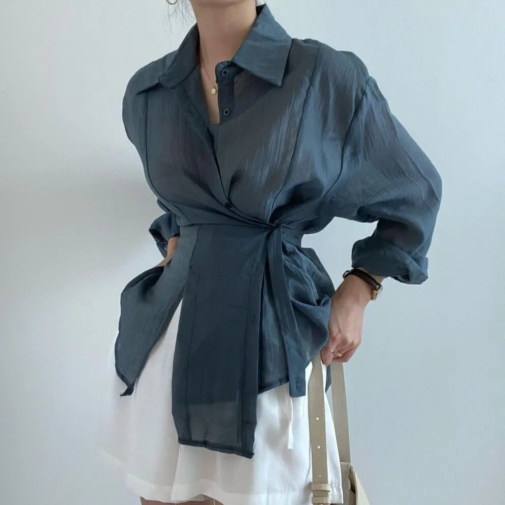 Irregular buckle lapel long sleeve shirt in smoky gray or white, polyester, S to XL, 50cm length