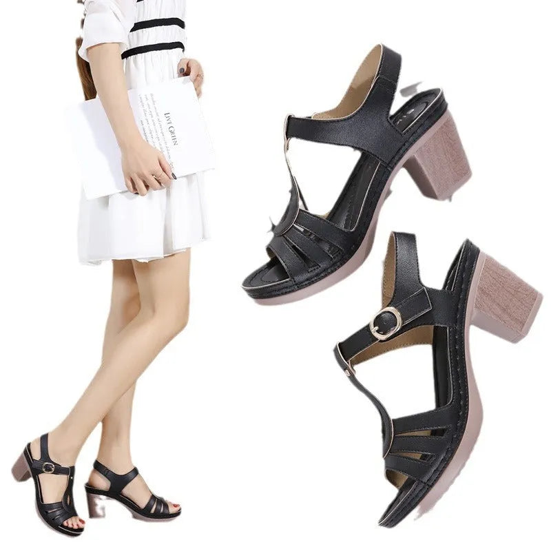 Women's patent leather sandals with thick high heel and metal buckle in black, pink or apricot