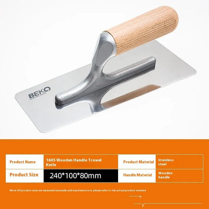 Stainless steel putty scraper with wooden handle on a workbench, showing three blade size options for decorative filling.
