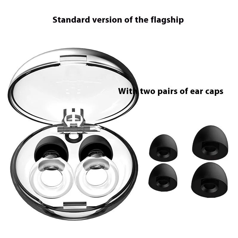 Set of gold-coloured noise reduction earplugs with a storage box and spare ear caps on a white background.