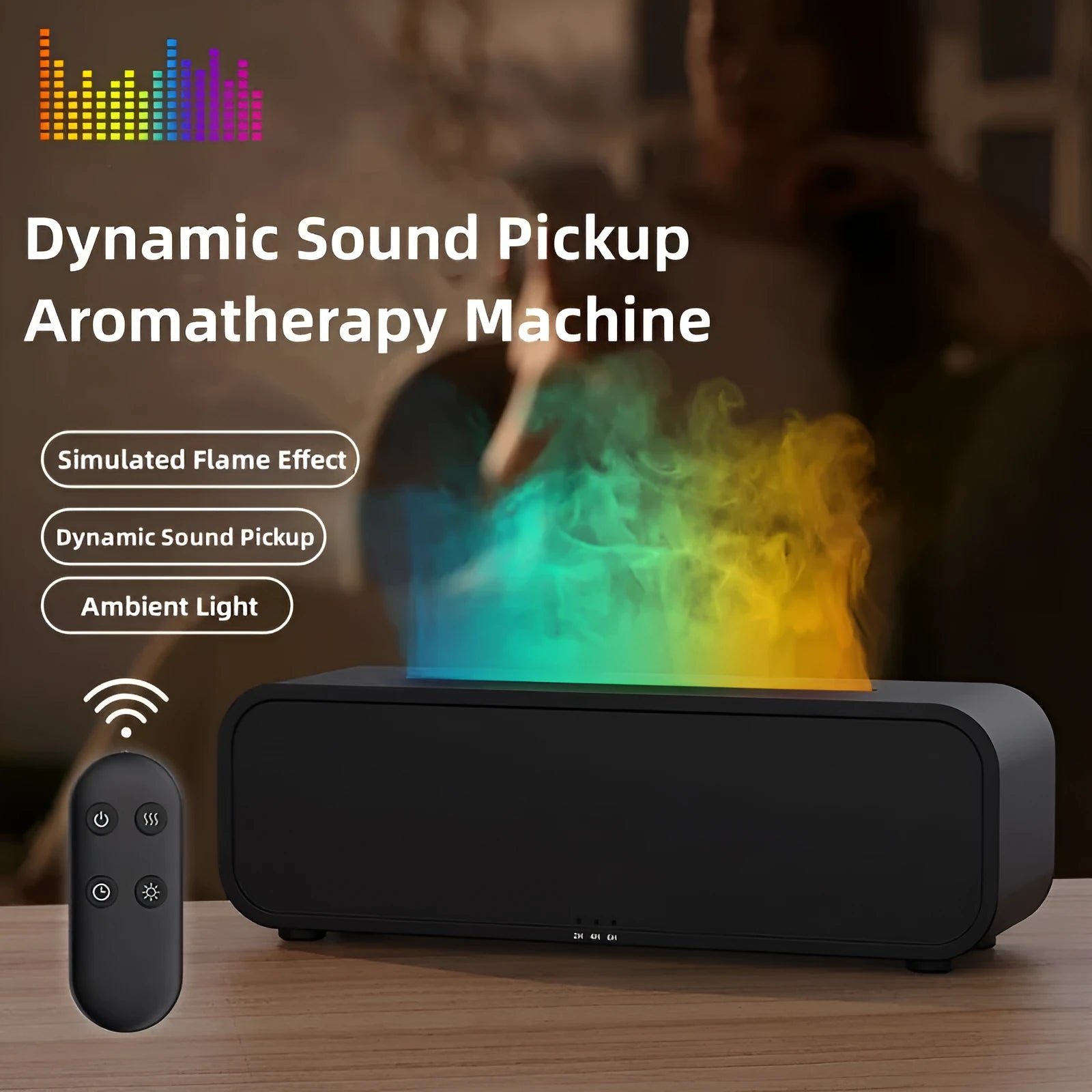 Black and white USB aroma diffuser with remote control showing flame dynamic and colour-changing light effects.
