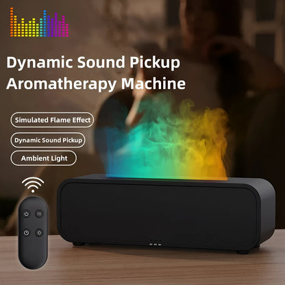 Black and white USB aroma diffuser with remote control showing flame dynamic and colour-changing light effects.