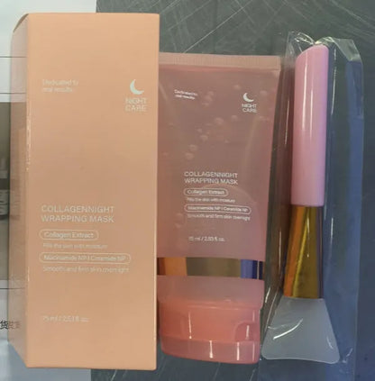 Collagen night face mask 75ml bottle with application brush for firming and anti-wrinkle treatment