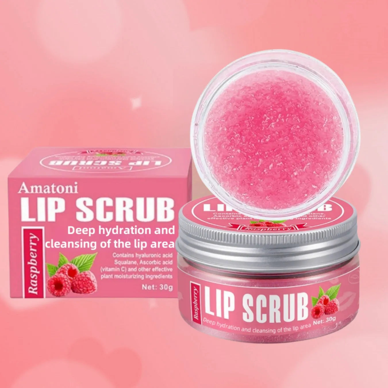 Amatoni 30g pot of fruit flavour lip scrub cream in coconut, raspberry, vanilla, or watermelon