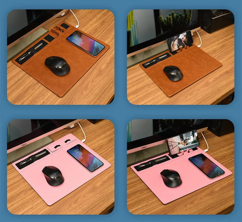 PU leather wireless charging mouse pad with phone holder in black, brown, grey, or pink colours