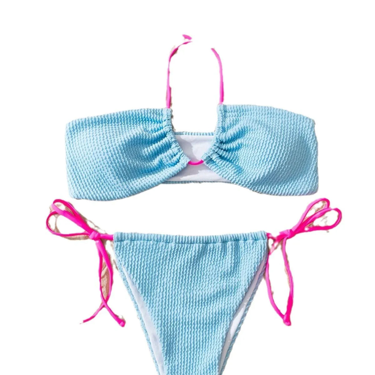 Women's solid colour halter neck lace-up bikini set with backless design and briefs bottom