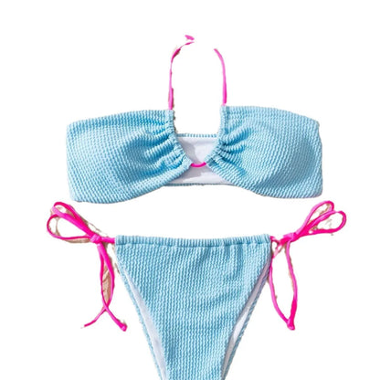 Women's solid colour halter neck lace-up bikini set with backless design and briefs bottom