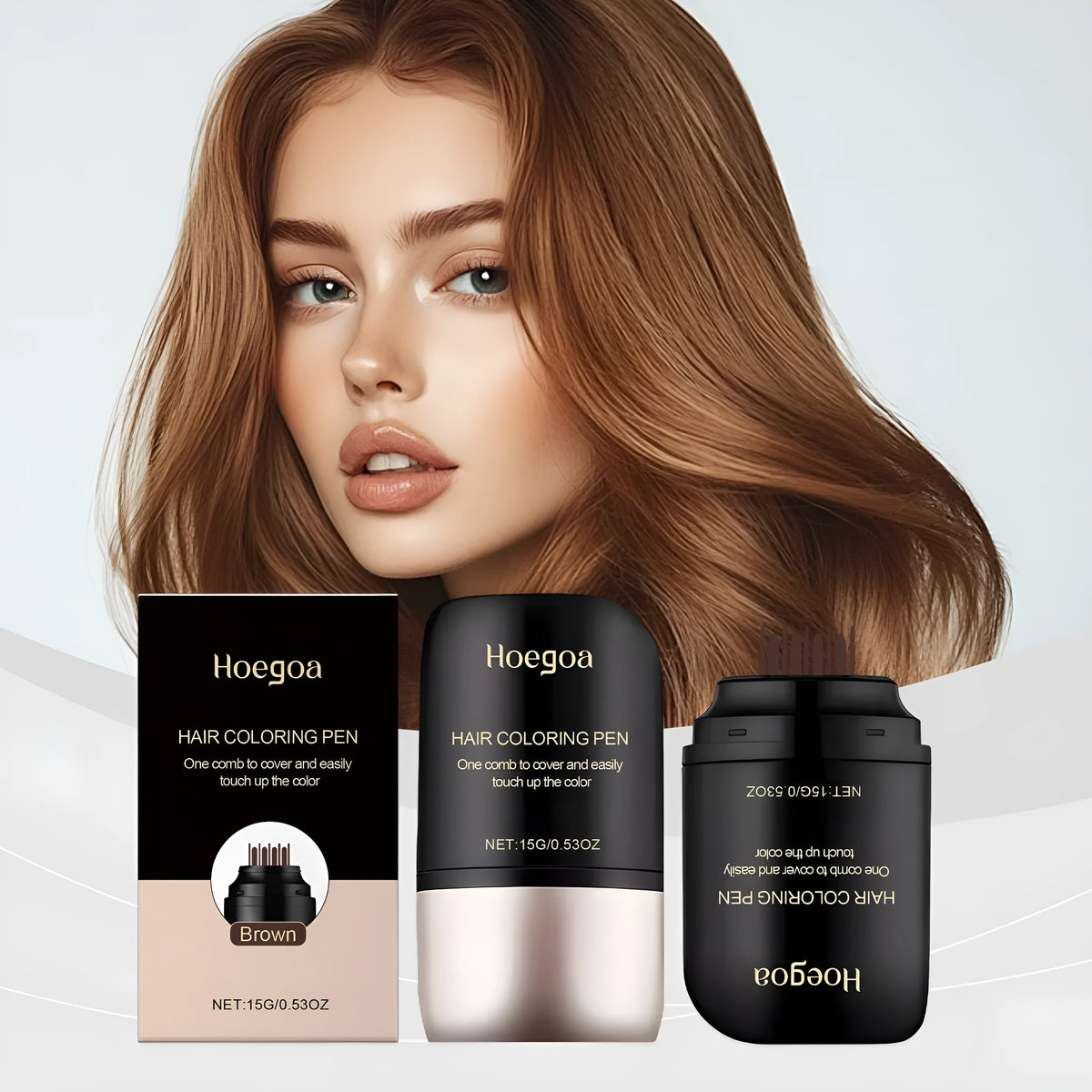 Instant hair dyeing and makeup pen in black and brown colours showing 5.53 cm width and 9.75 cm height