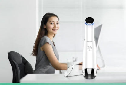 Mini electric vibration eye massager pen in pink and white with 40°C thermal head and USB charging cable