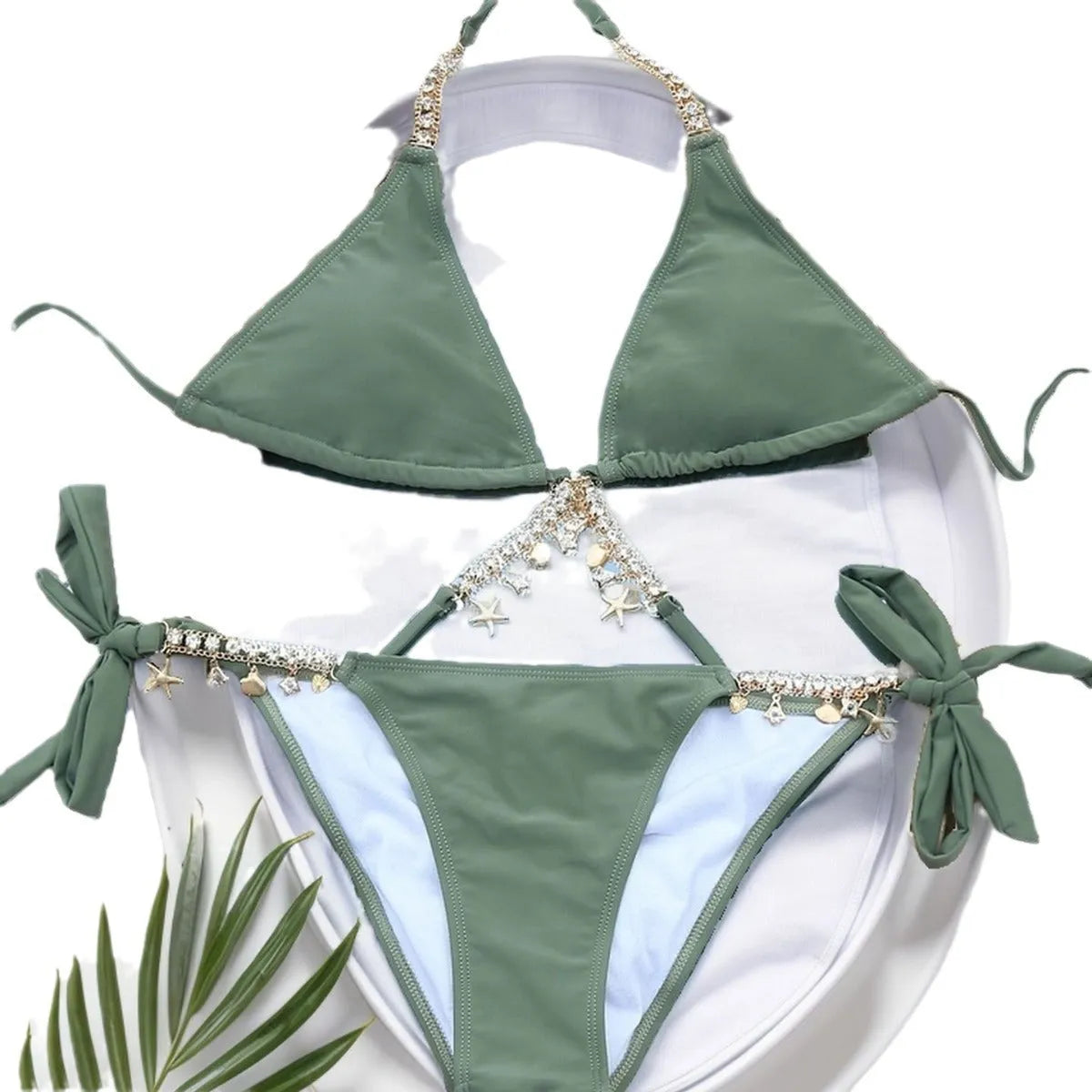 Women's split bikini set with chain detail, army green or black, sizes S M L