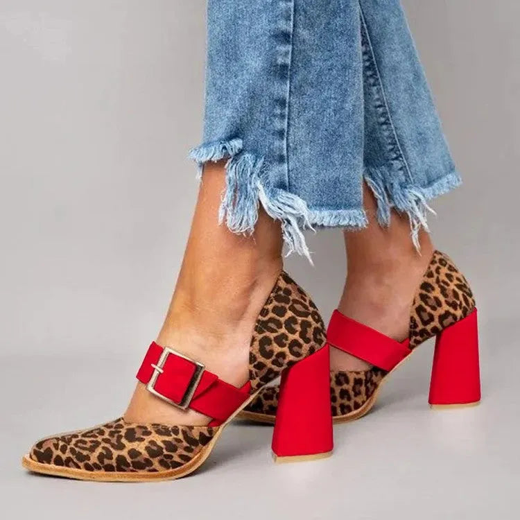 Leopard print high heel pointed toe sandals with belt buckle, suede upper, red or pink, sizes 34-43