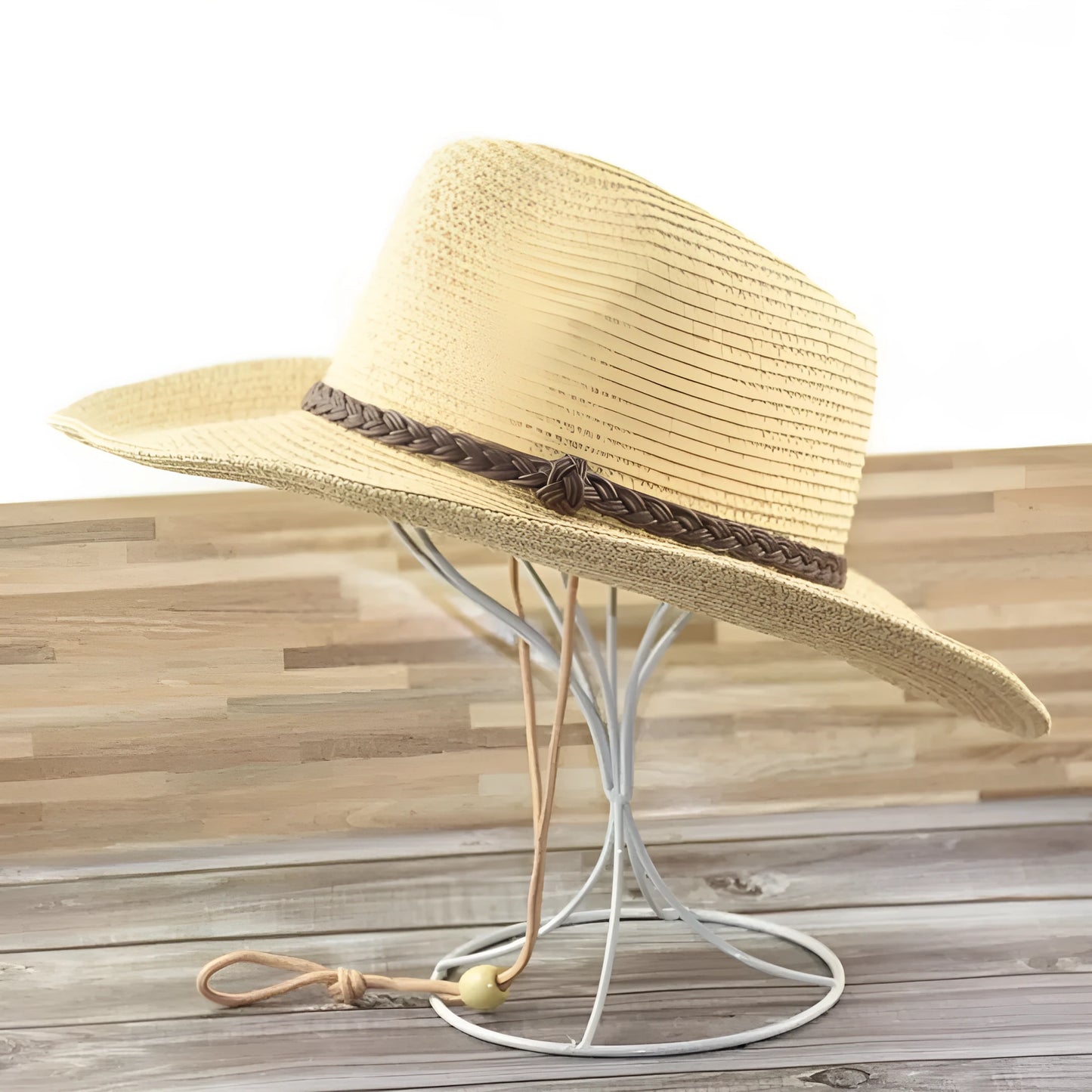 Men's foldable straw sun hat with wide brim in beige colour showing size options