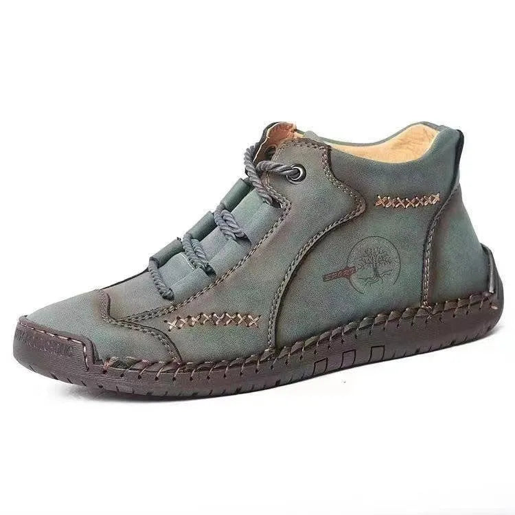 Men's brown leather mid-top boots with front lace-up and rubber sole
