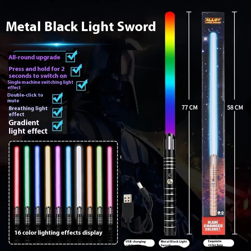 Metal rechargeable laser sword toy with gravity induction, 16 colour-changing lights, and 8 sound effects for children aged 7-14.