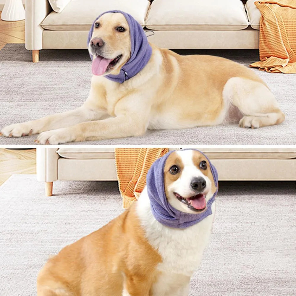 Soft polyester dog head cover for noise reduction and mealtime use in black or purple.