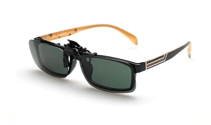 Clip-on sunglasses for prescription glasses in PC material, shown in large and small sizes with different coloured lenses.