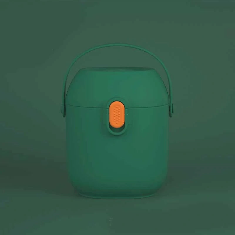 Large portable airtight baby milk powder container with scoop in peacock blue, olive green, and rouge powder