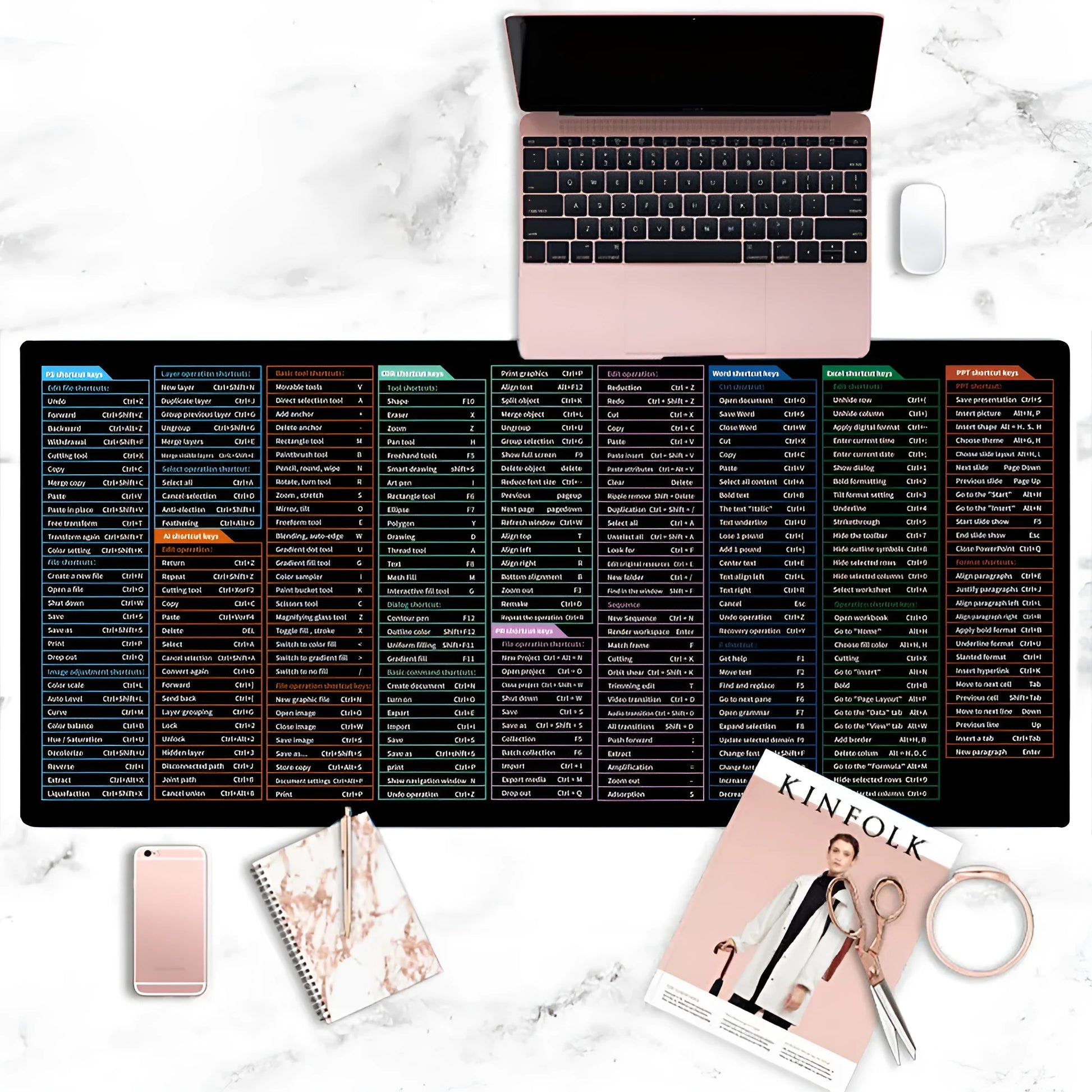 Large black office mouse mat with white printed English keyboard shortcuts and calculator keys on the surface