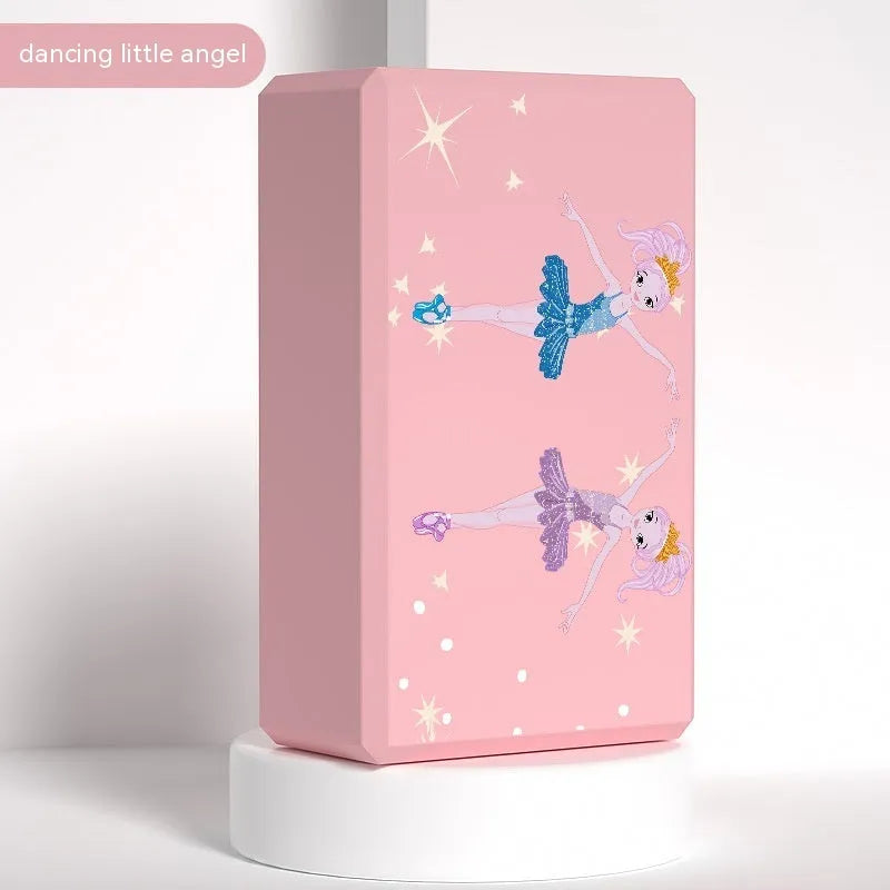 High-density EVA foam yoga block in violet colour, shown next to a pink block with a cartoon bunny print.