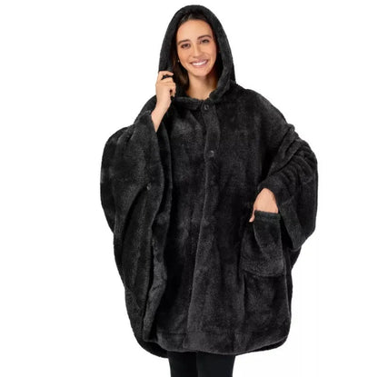 Thickened hooded cloak bathrobe in polyester, shown in black, dark grey, and pink colour options.