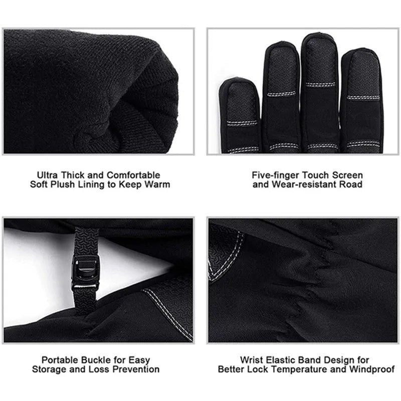 Winter cycling gloves in black or grey with touchscreen fingertips, anti-skid grip, waterproof windproof fabric, sizes M to XXL