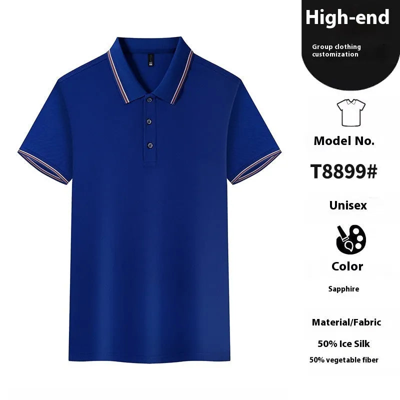 Solid colour Ice Silk polo shirt for work and casual wear in various colours on a hanger.