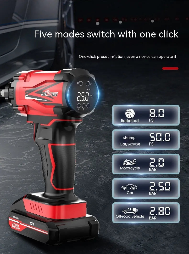 Red and black portable car wireless air pump with battery, cables, and multiple nozzles for tyres and sports equipment.