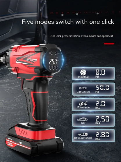 Red and black portable car wireless air pump with battery, cables, and multiple nozzles for tyres and sports equipment.