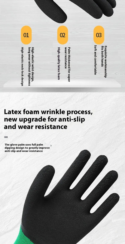 Black and green rubber work gloves with textured non-slip surface and extended cuff.