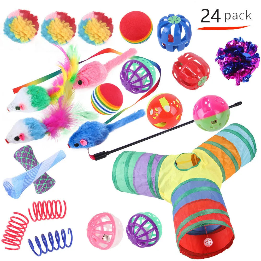 Plastic cat toy set with coloured tunnel channels and a ball for interactive indoor play.