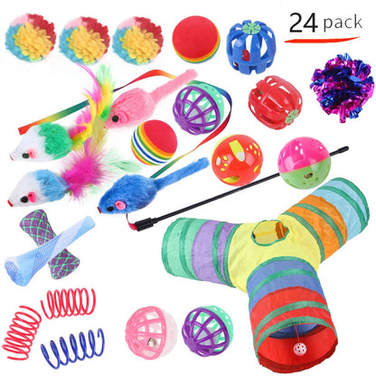 Plastic cat toy set with coloured tunnel channels and a ball for interactive indoor play.