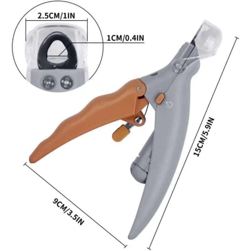 Yellow pet nail clipper with LED light and magnifying glass for dogs and cats