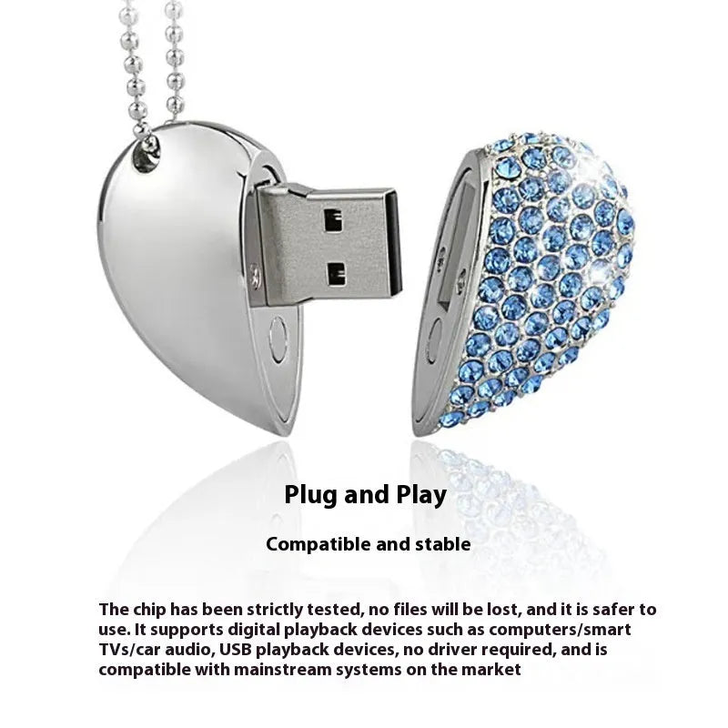 Blue heart-shaped USB flash drive with a brick-inlaid pattern on its metal surface.