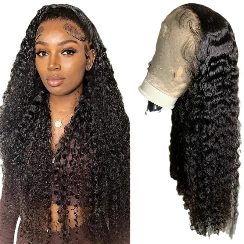 Front lace wig with small curly synthetic hair in a long length and dark colour, showing side bangs.