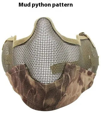 Carbon steel net protective face mask in camouflage pattern for outdoor field use.