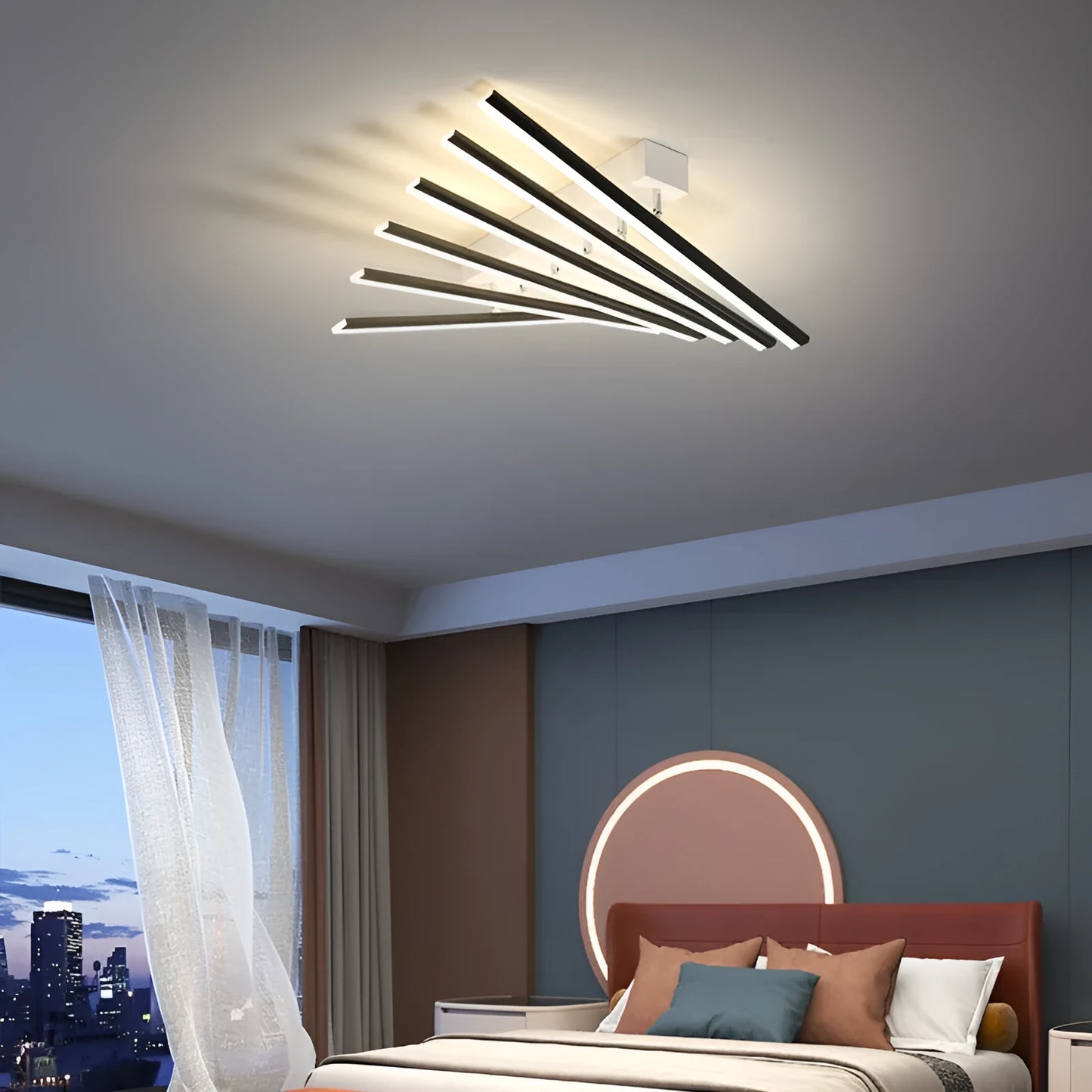 Modern wave style LED ceiling light with six 50cm arms in black or gold finish