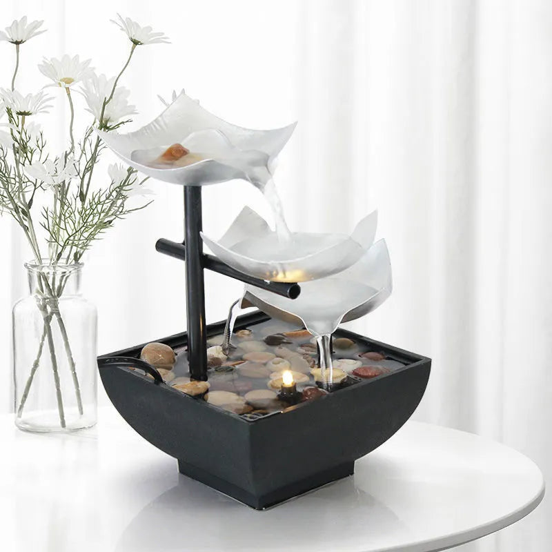 Handmade desktop water fountain ornament with flowing water display in modern minimalist style
